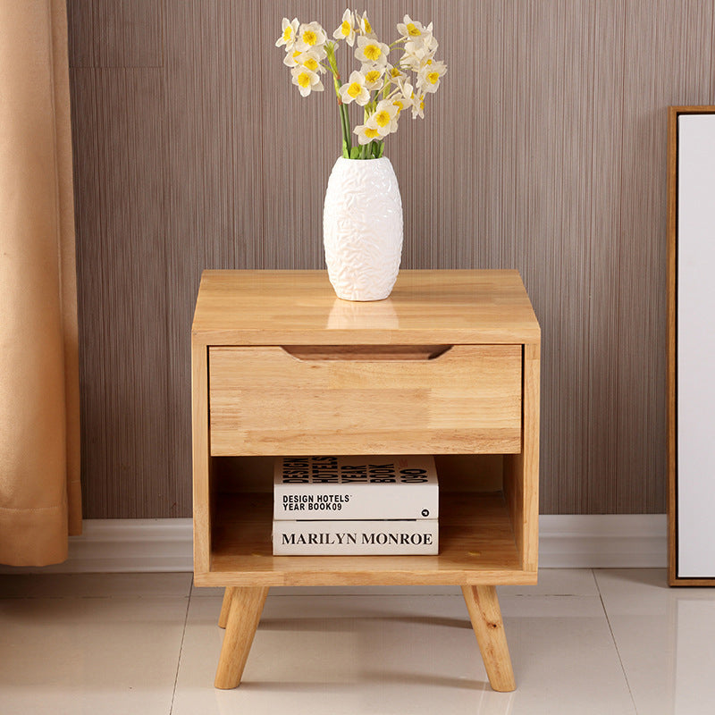 Traditional Chinese Rubberwood Square Angled-Leg Nightstand 1-Drawer For Bedroom