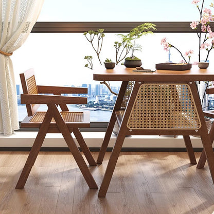 Traditional Japanese Solid Wood Rattan Square Eight-Leg Coffee Table With 2-Tier For Living Room