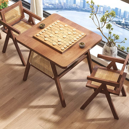 Traditional Japanese Solid Wood Rattan Square Eight-Leg Coffee Table With 2-Tier For Living Room
