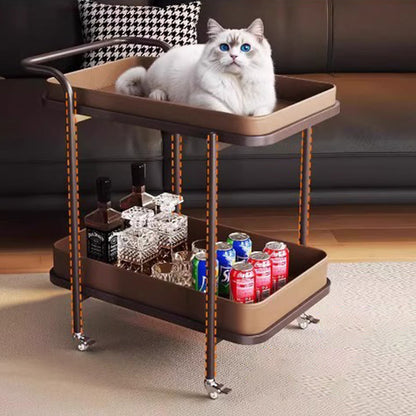 Traditional Vintage Saddle Leather Carbon Steel Metal Rounded Square Side Table With 2-Tier For Living Room