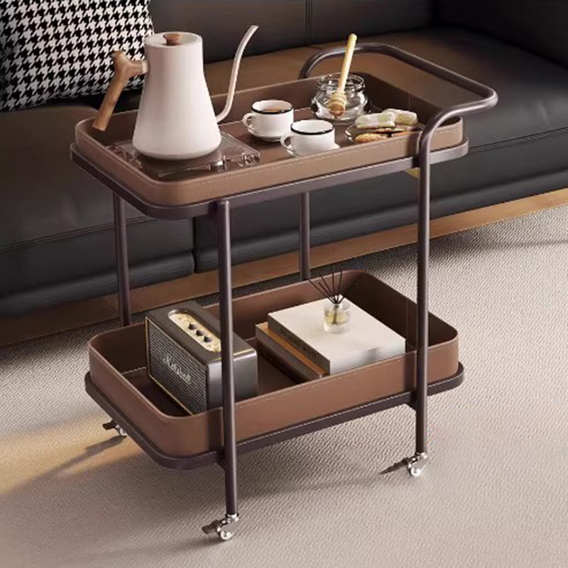 Traditional Vintage Saddle Leather Carbon Steel Metal Rounded Square Side Table With 2-Tier For Living Room