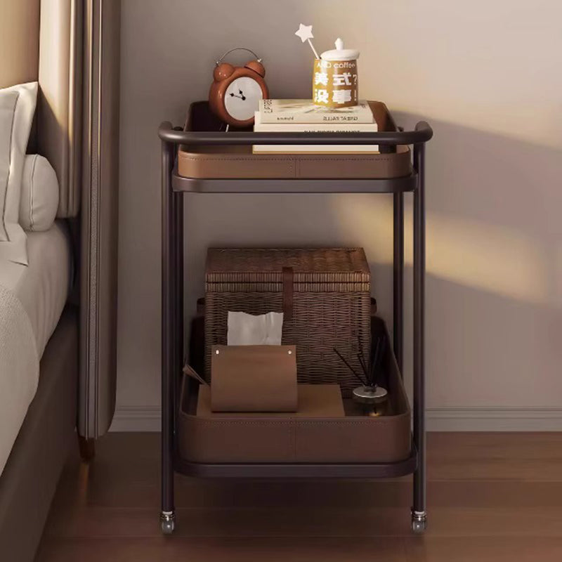 Traditional Vintage Saddle Leather Carbon Steel Metal Rounded Square Side Table With 2-Tier For Living Room