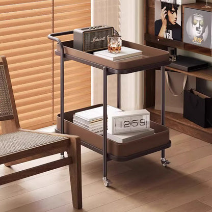 Traditional Vintage Saddle Leather Carbon Steel Metal Rounded Square Side Table With 2-Tier For Living Room