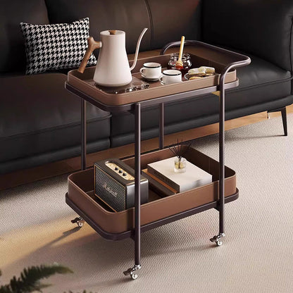 Traditional Vintage Saddle Leather Carbon Steel Metal Rounded Square Side Table With 2-Tier For Living Room