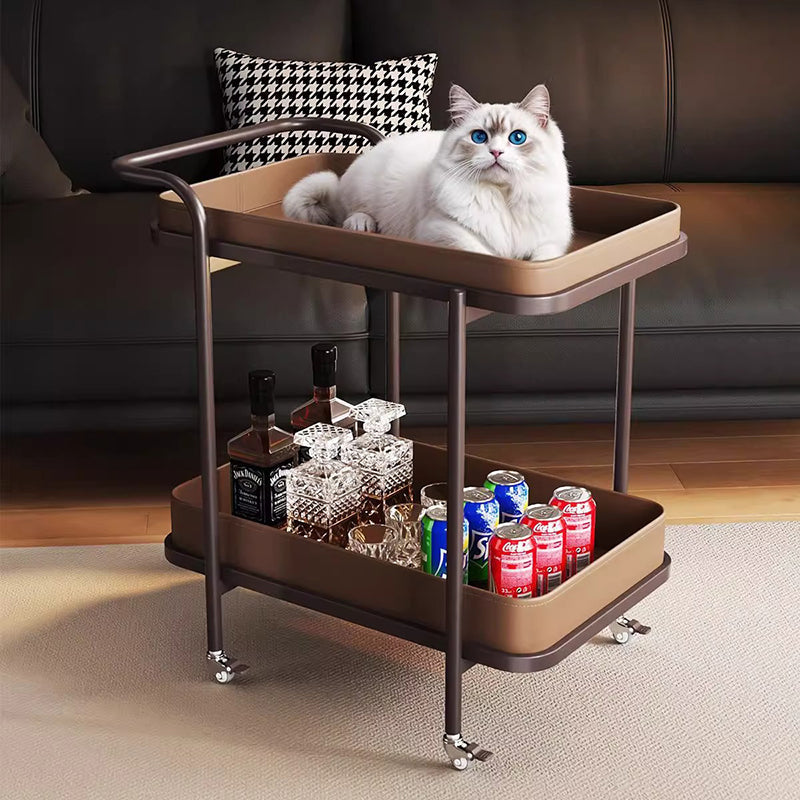 Traditional Vintage Saddle Leather Carbon Steel Metal Rounded Square Side Table With 2-Tier For Living Room