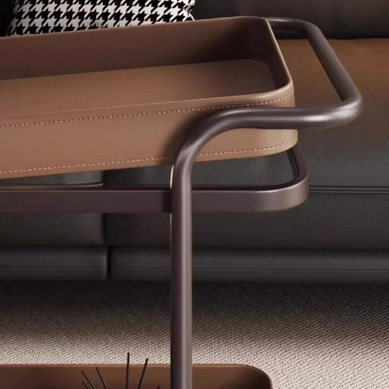 Traditional Vintage Saddle Leather Carbon Steel Metal Rounded Square Side Table With 2-Tier For Living Room