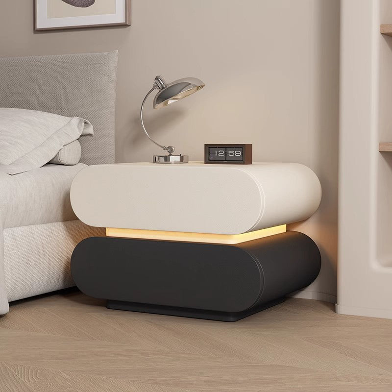 Modern Luxury Cat Scratch Resistant Leather Solid Wood Multilayer Plywood Oval Nightstand With 2-Drawer For Bedroom