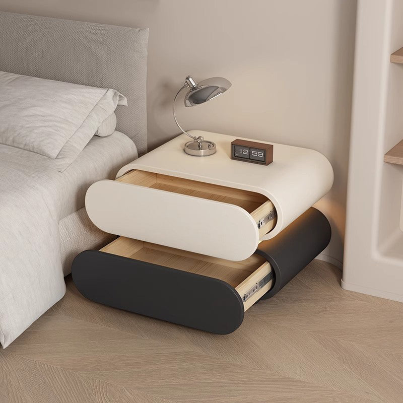 Modern Luxury Cat Scratch Resistant Leather Solid Wood Multilayer Plywood Oval Nightstand With 2-Drawer For Bedroom