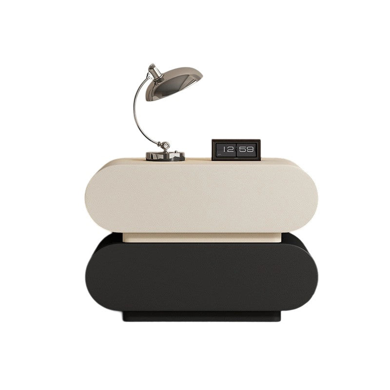 Modern Luxury Cat Scratch Resistant Leather Solid Wood Multilayer Plywood Oval Nightstand With 2-Drawer For Bedroom
