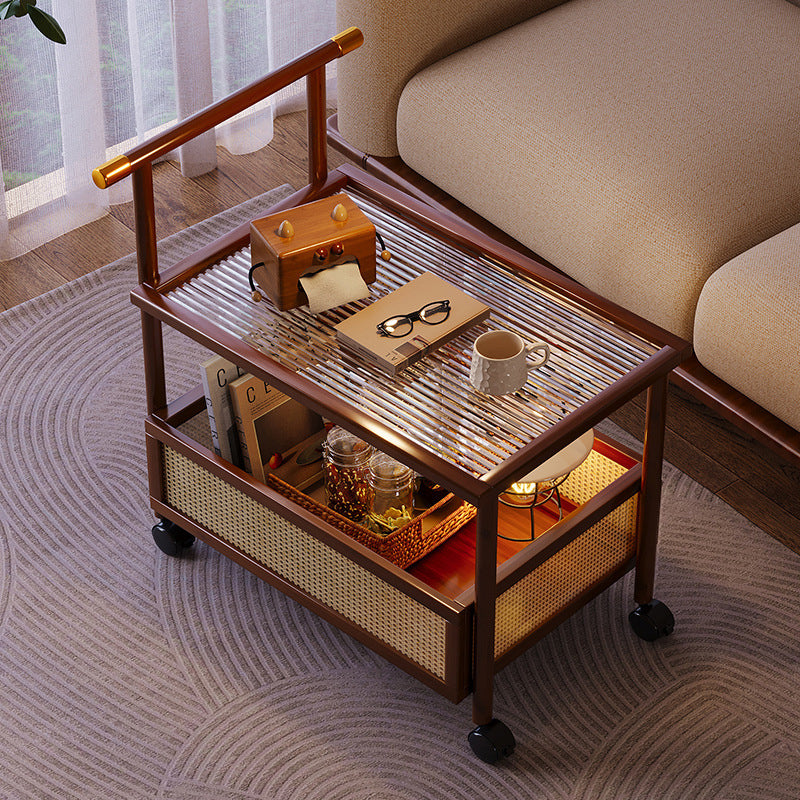 Traditional Vintage Bamboo Rattan Acrylic MDF Rectangular Cylindrical Side Table With 2-Tier For Living Room
