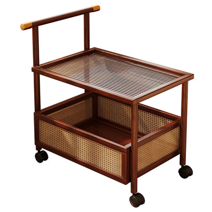 Traditional Vintage Bamboo Rattan Acrylic MDF Rectangular Cylindrical Side Table With 2-Tier For Living Room