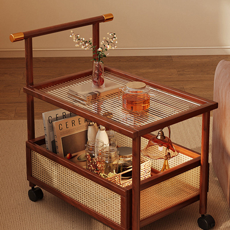 Traditional Vintage Bamboo Rattan Acrylic MDF Rectangular Cylindrical Side Table With 2-Tier For Living Room