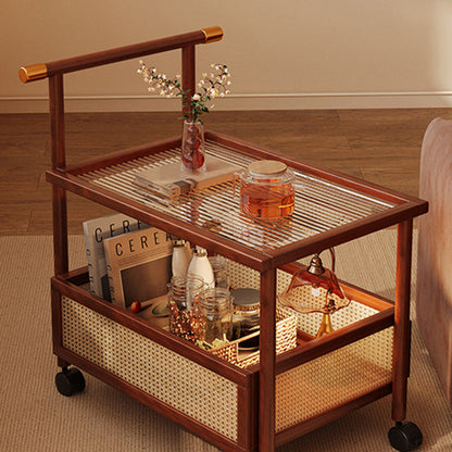 Traditional Vintage Bamboo Rattan Acrylic MDF Rectangular Cylindrical Side Table With 2-Tier For Living Room