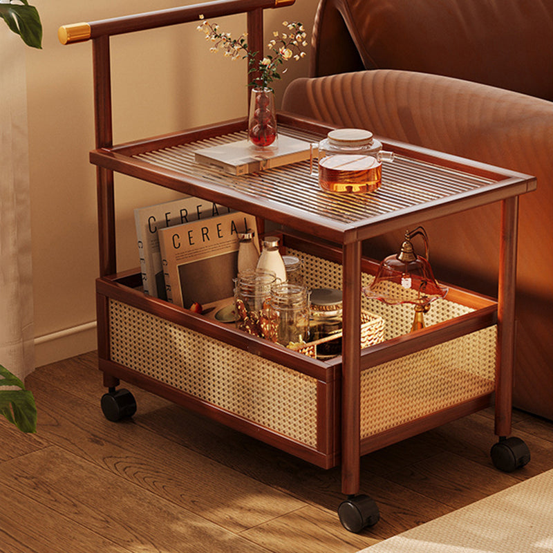 Traditional Vintage Bamboo Rattan Acrylic MDF Rectangular Cylindrical Side Table With 2-Tier For Living Room