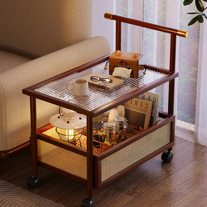 Traditional Vintage Bamboo Rattan Acrylic MDF Rectangular Cylindrical Side Table With 2-Tier For Living Room