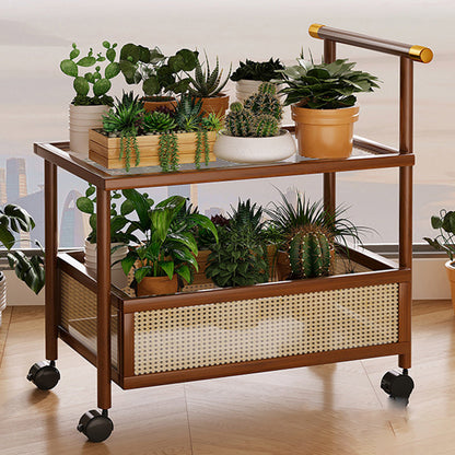 Traditional Vintage Bamboo Rattan Acrylic MDF Rectangular Cylindrical Side Table With 2-Tier For Living Room