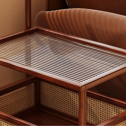 Traditional Vintage Bamboo Rattan Acrylic MDF Rectangular Cylindrical Side Table With 2-Tier For Living Room