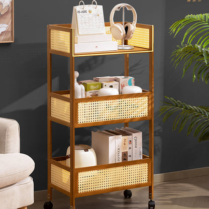 Modern Minimalist Bamboo Rattan Rectangular Mobile Storage Shelf With 3-Shelves Design For Living Room