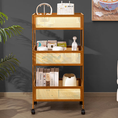Modern Minimalist Bamboo Rattan Rectangular Mobile Storage Shelf With 3-Shelves Design For Living Room