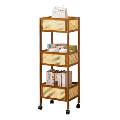 Modern Minimalist Bamboo Rattan Rectangular Mobile Storage Shelf With 3-Shelves Design For Living Room