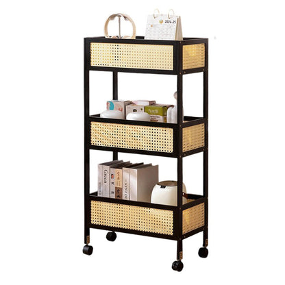 Modern Minimalist Bamboo Rattan Rectangular Mobile Storage Shelf With 3-Shelves Design For Living Room