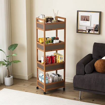 Traditional Vintage Bamboo Wood Rectangular Hollow Rolling Side Table 2/3/4-Tier For Living Room