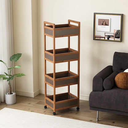 Traditional Vintage Bamboo Wood Rectangular Hollow Rolling Side Table 2/3/4-Tier For Living Room