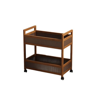 Traditional Vintage Bamboo Wood Rectangular Hollow Rolling Side Table 2/3/4-Tier For Living Room