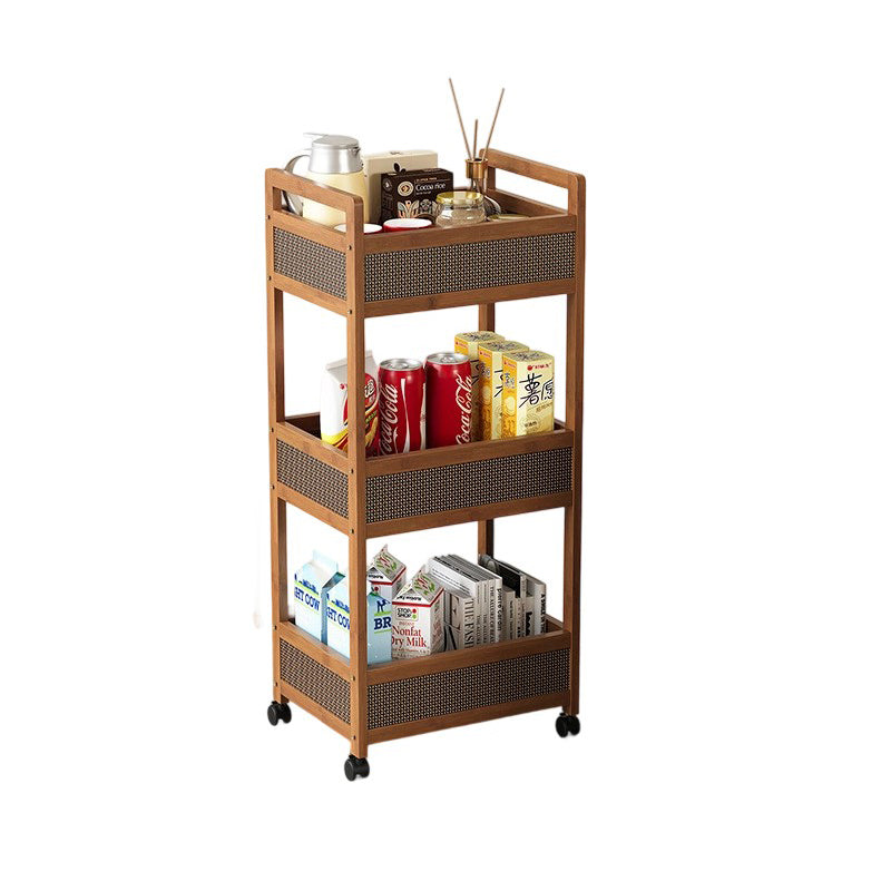 Traditional Vintage Bamboo Wood Rectangular Hollow Rolling Side Table 2/3/4-Tier For Living Room
