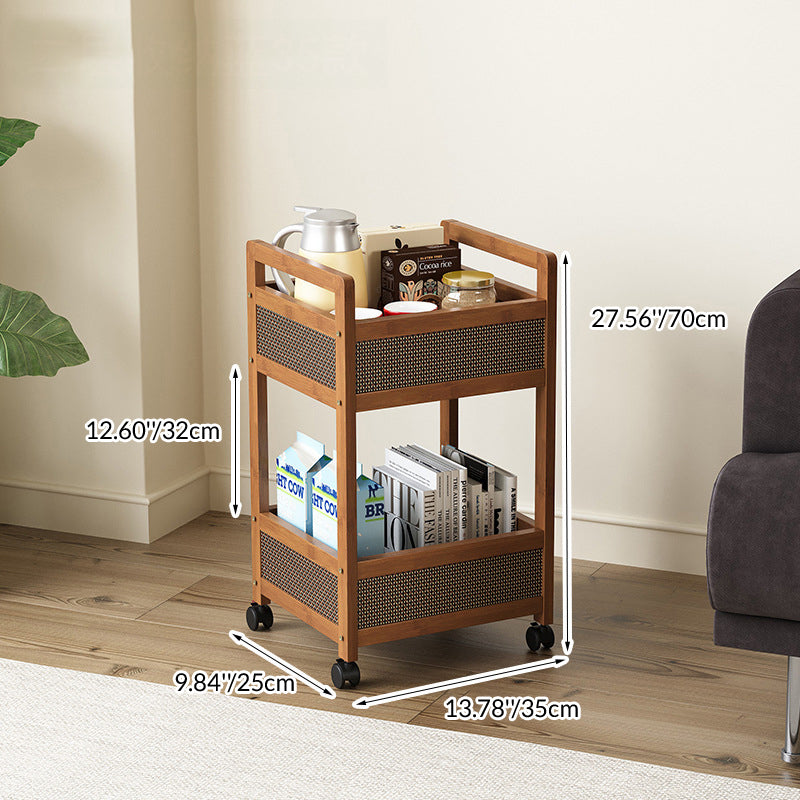 Traditional Vintage Bamboo Wood Rectangular Hollow Rolling Side Table 2/3/4-Tier For Living Room