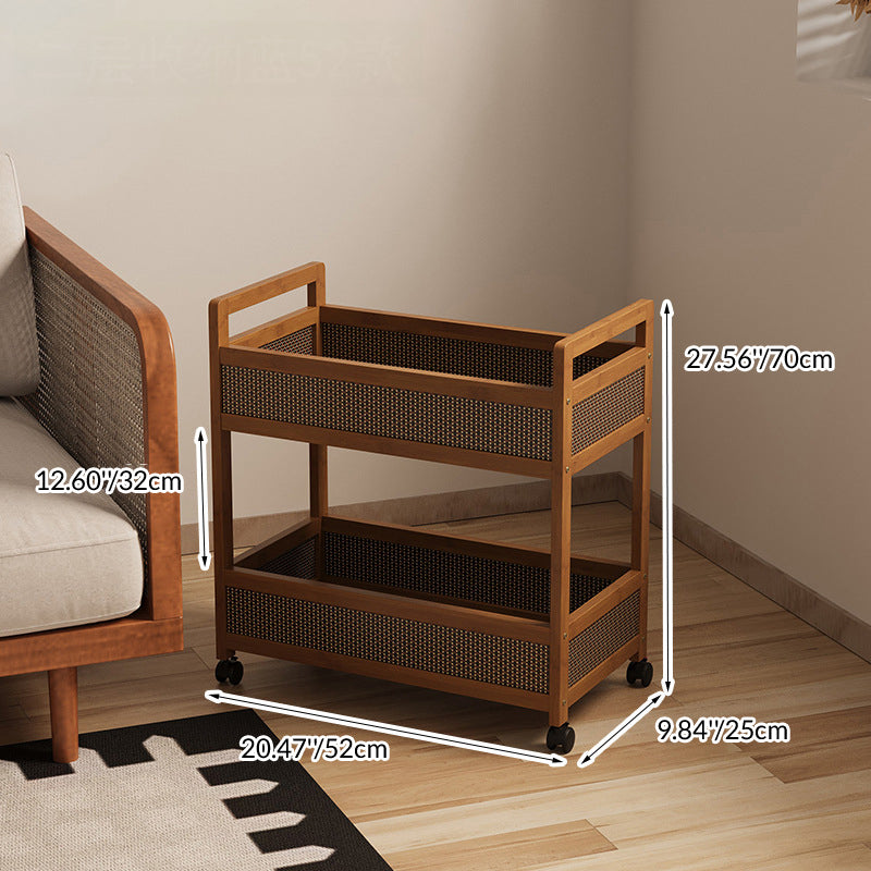 Traditional Vintage Bamboo Wood Rectangular Hollow Rolling Side Table 2/3/4-Tier For Living Room