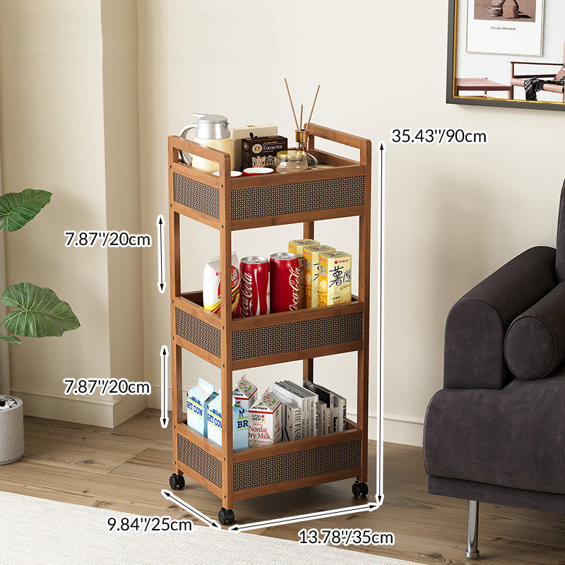 Traditional Vintage Bamboo Wood Rectangular Hollow Rolling Side Table 2/3/4-Tier For Living Room