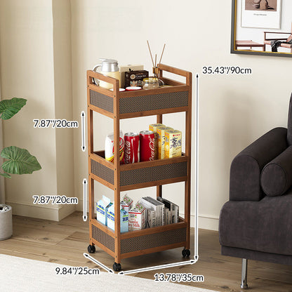 Traditional Vintage Bamboo Wood Rectangular Hollow Rolling Side Table 2/3/4-Tier For Living Room