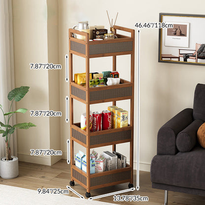 Traditional Vintage Bamboo Wood Rectangular Hollow Rolling Side Table 2/3/4-Tier For Living Room