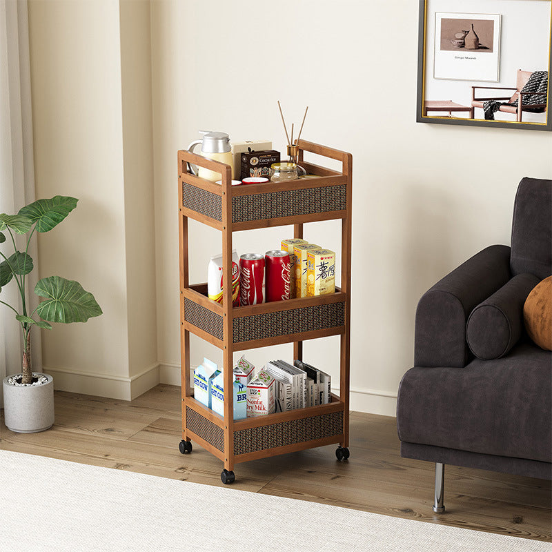 Traditional Vintage Bamboo Wood Rectangular Hollow Rolling Side Table 2/3/4-Tier For Living Room