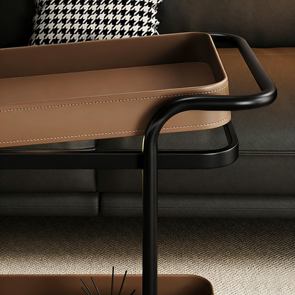 Contemporary Scandinavian Saddle Leather Carbon Steel Movable Cylindrical Rectangular Side Table With 2-Tier For Living Room