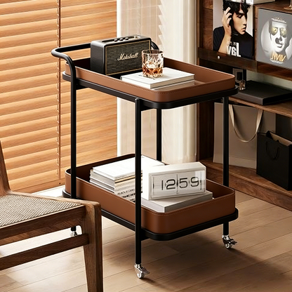 Contemporary Scandinavian Saddle Leather Carbon Steel Movable Cylindrical Rectangular Side Table With 2-Tier For Living Room