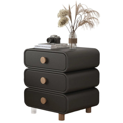 Modern Minimalist Microfiber Leather Solid Wood Rounded Cylinder Rectangular Nightstand With 3 Drawers For Bedroom