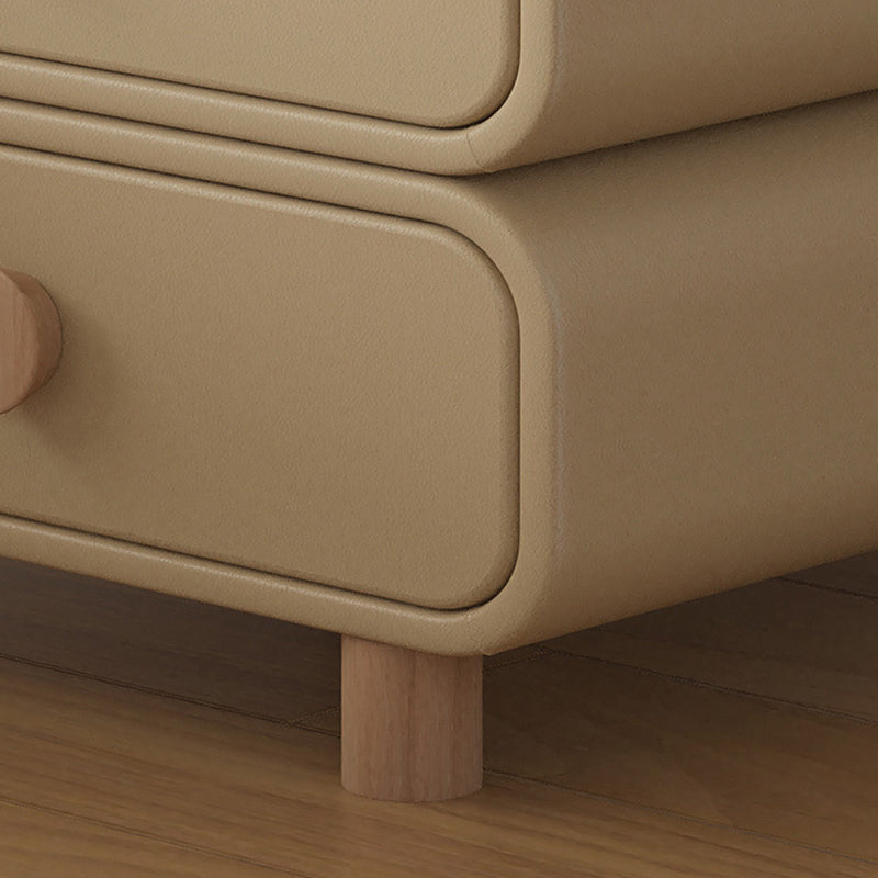 Modern Minimalist Microfiber Leather Solid Wood Rounded Cylinder Rectangular Nightstand With 3 Drawers For Bedroom