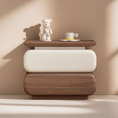 Traditional Vintage Solid Wood Microfiber Leather Rounded Square Nightstand With 2 Drawers For Bedroom