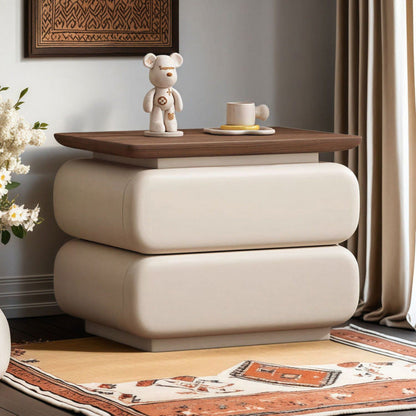 Traditional Vintage Solid Wood Microfiber Leather Rounded Square Nightstand With 2 Drawers For Bedroom