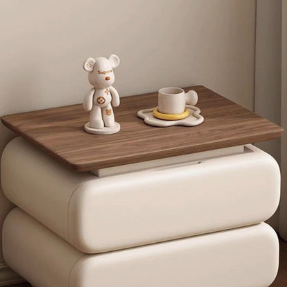 Traditional Vintage Solid Wood Microfiber Leather Rounded Square Nightstand With 2 Drawers For Bedroom