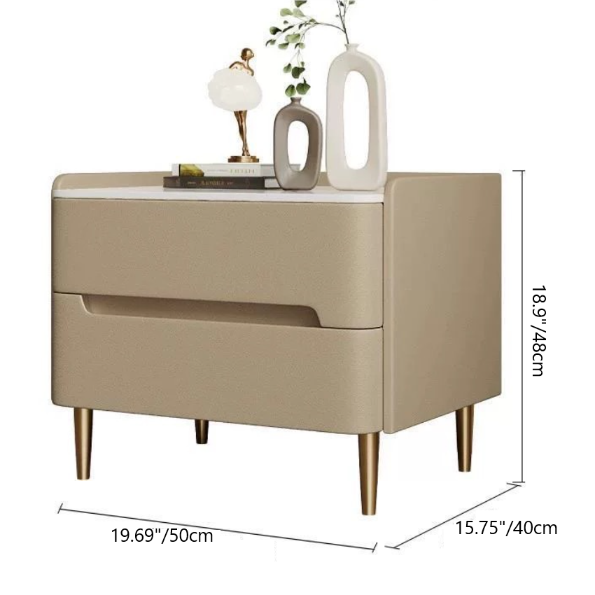 Contemporary Scandinavian Sintered Stone Microfiber Leather Metal Cylindrical Square Nightstand With 2 Drawers For Bedroom
