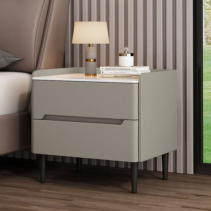 Modern Luxury Sintered Stone Pine Wood Nappa Leather Rounded Square Nightstand With 2 Drawers For Bedroom
