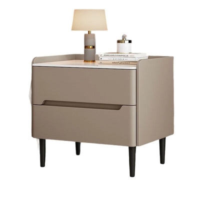 Modern Luxury Sintered Stone Pine Wood Nappa Leather Rounded Square Nightstand With 2 Drawers For Bedroom