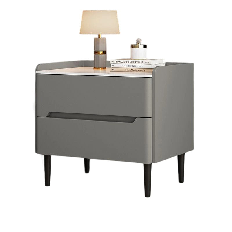 Modern Luxury Sintered Stone Pine Wood Nappa Leather Rounded Square Nightstand With 2 Drawers For Bedroom