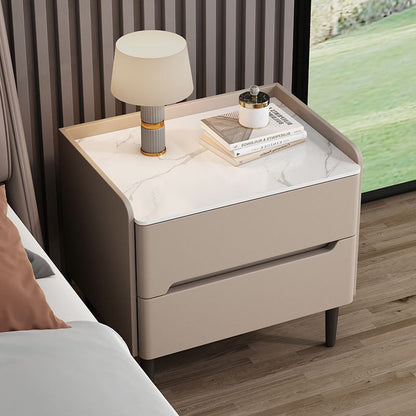Modern Luxury Sintered Stone Pine Wood Nappa Leather Rounded Square Nightstand With 2 Drawers For Bedroom