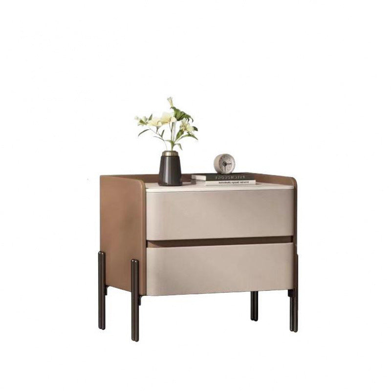 Modern Luxury Sintered Stone Microfiber Leather Solid Wood Rounded Square Nightstand With 2 Drawers For Bedroom