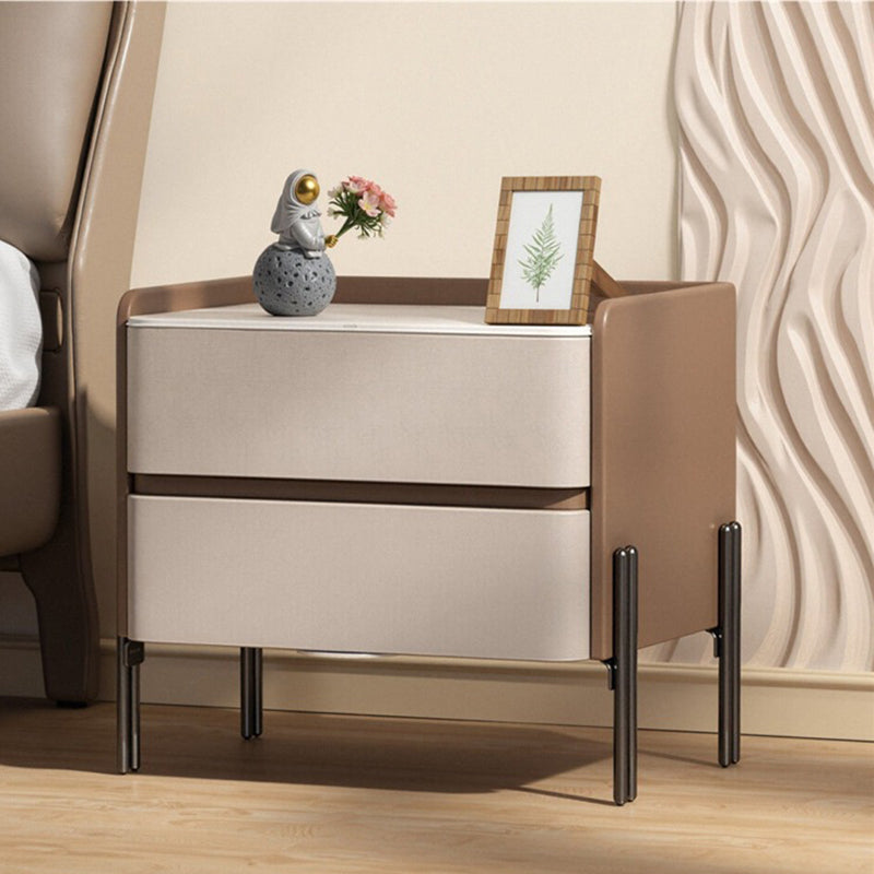 Modern Luxury Sintered Stone Microfiber Leather Solid Wood Rounded Square Nightstand With 2 Drawers For Bedroom