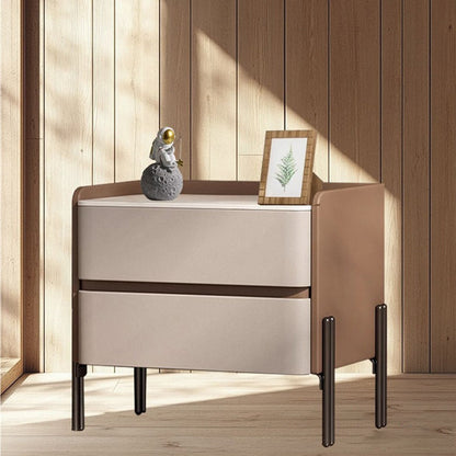 Modern Luxury Sintered Stone Microfiber Leather Solid Wood Rounded Square Nightstand With 2 Drawers For Bedroom